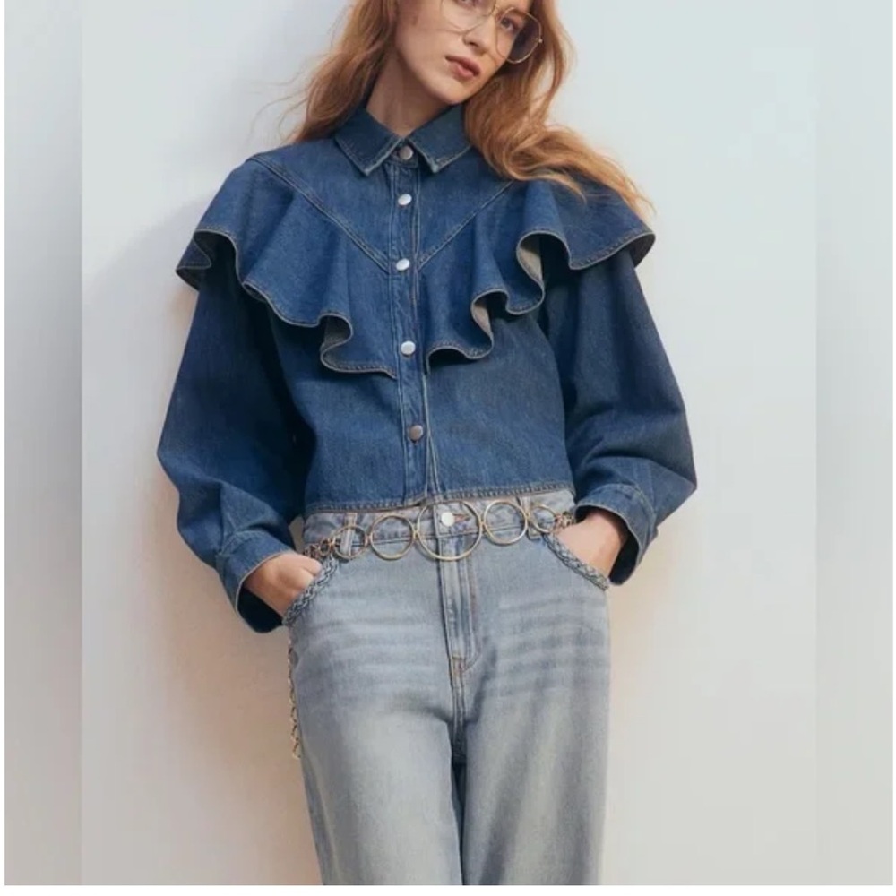 H&M Blue Jean Jacket with Ruffle Detail - Picture 2 of 6